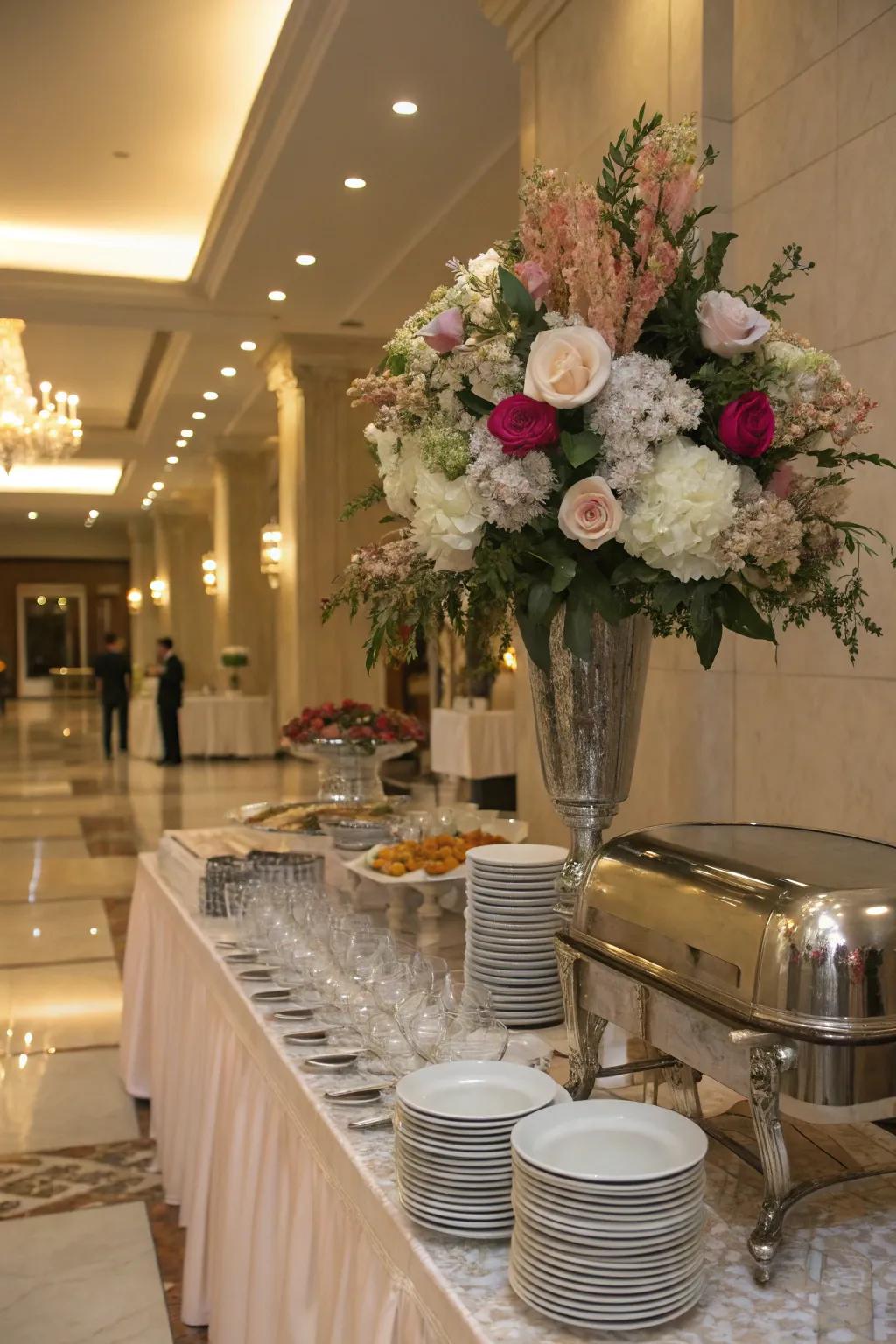A centerpiece anchors and enhances the buffet.