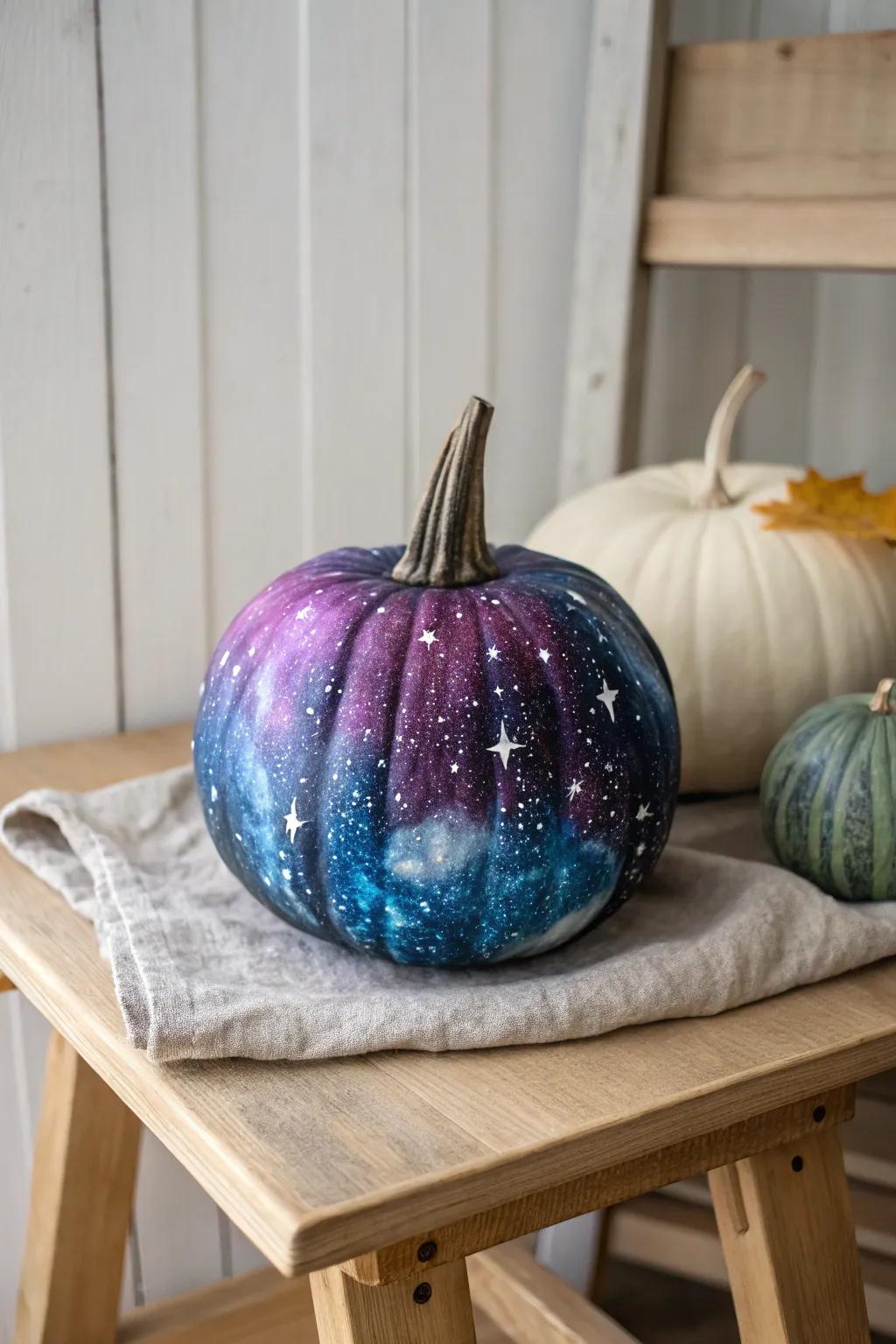 Transform your pumpkin into a cosmic wonder with galaxy-inspired artistry. Perfect for those who love blending simplicity with celestial beauty.