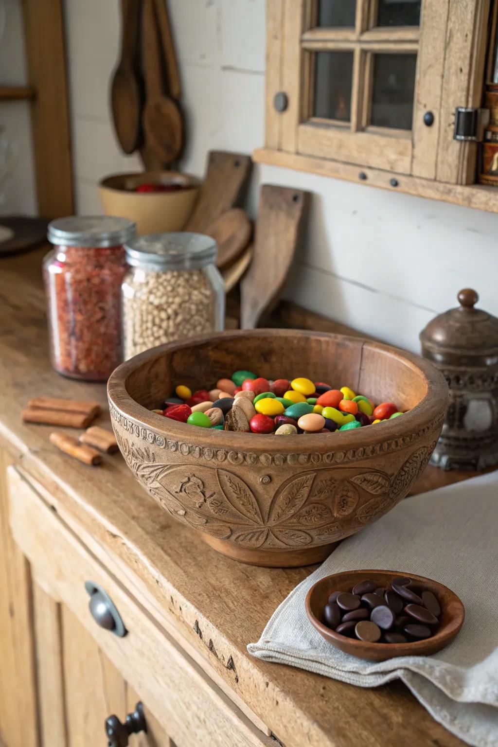 A wooden candy bowl adds rustic charm to your decor.