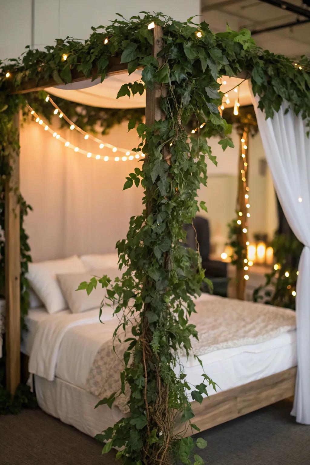 Faux greenery and soft lights create a nature-inspired sanctuary around your canopy bed.