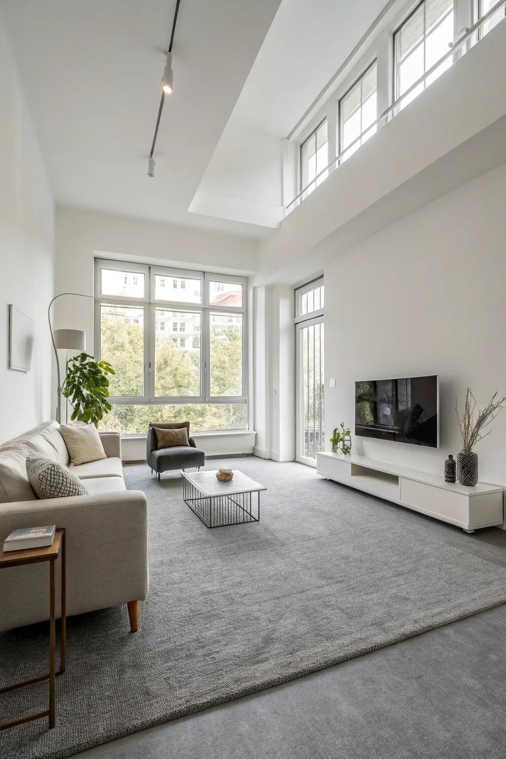 A minimalist living room with a versatile gray carpet.