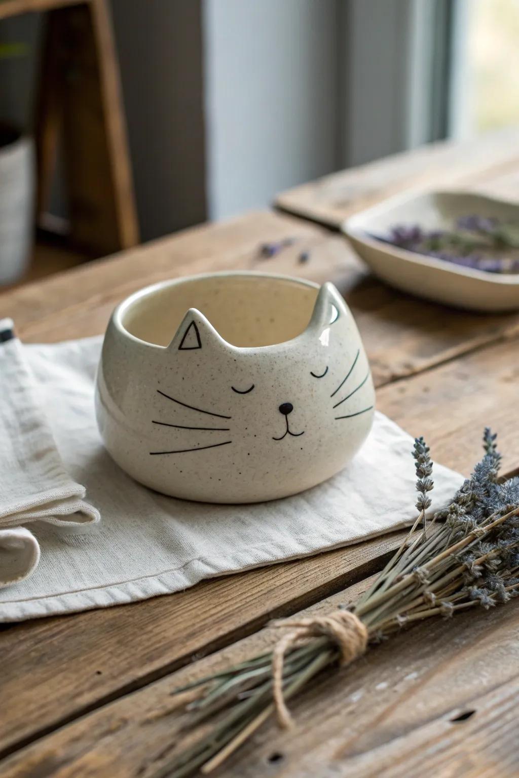 Embrace the cozy cottage vibe with this charming cat pinch pot, a perfect blend of simplicity and warmth.