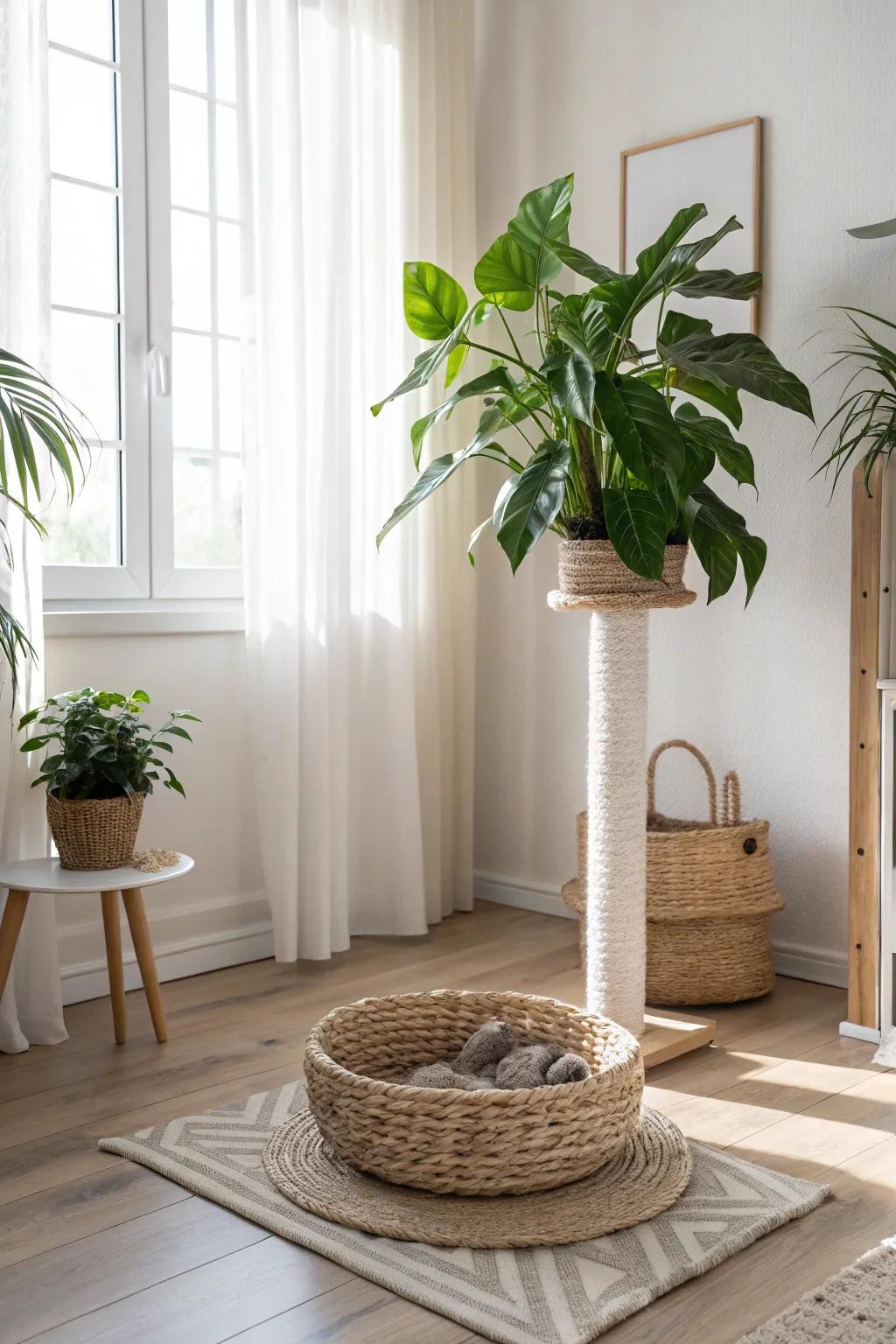Bring nature indoors with a lush, cat-safe plant to elevate your feline's playground with a touch of Scandinavian elegance.
