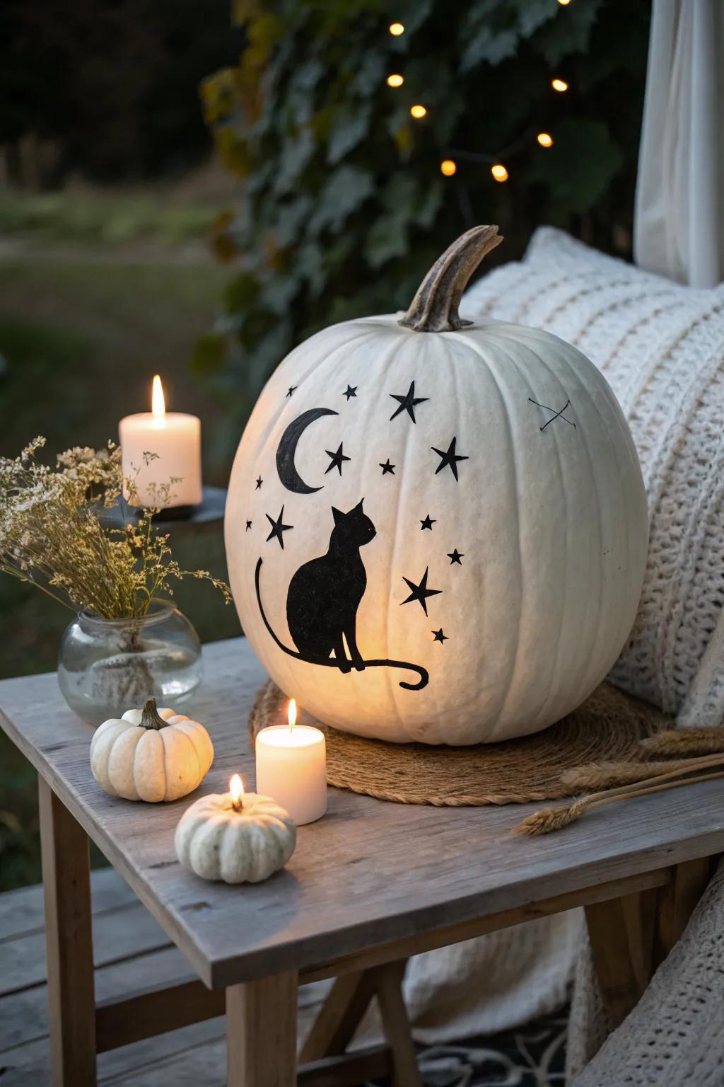 Embrace the magic of a moonlit night with this elegantly carved cat pumpkin.