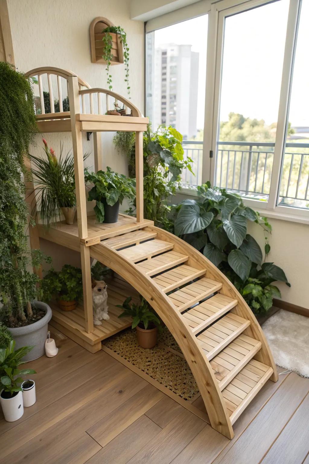Elevate your catio with this stylish and functional wooden ramp, making it a safe haven for your feline friend.