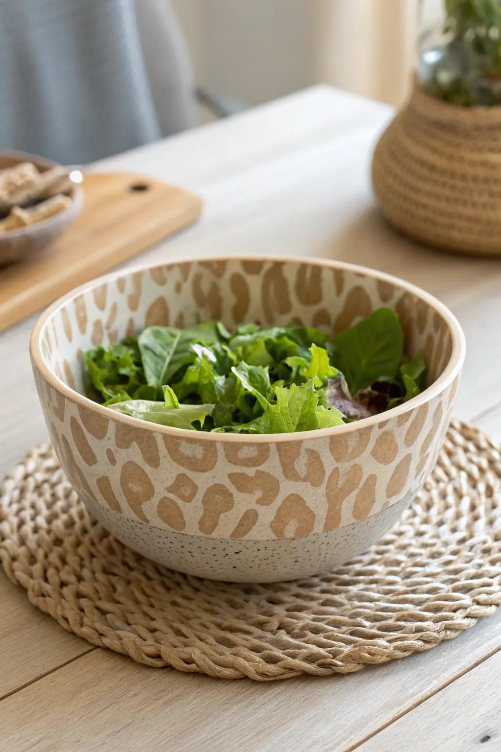 Unleash your wild side with this stunning leopard-print ceramic bowl, perfect for adding a subtle yet fierce touch to your dining experience.