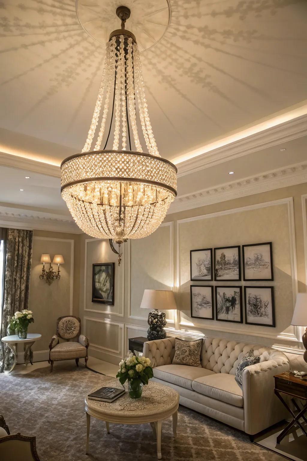 A chic room with a beaded chandelier that adds elegance and texture.