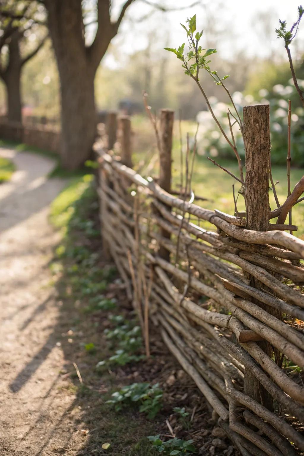 Eco-friendly elegance: Transform your garden with a charming woven branch fence.