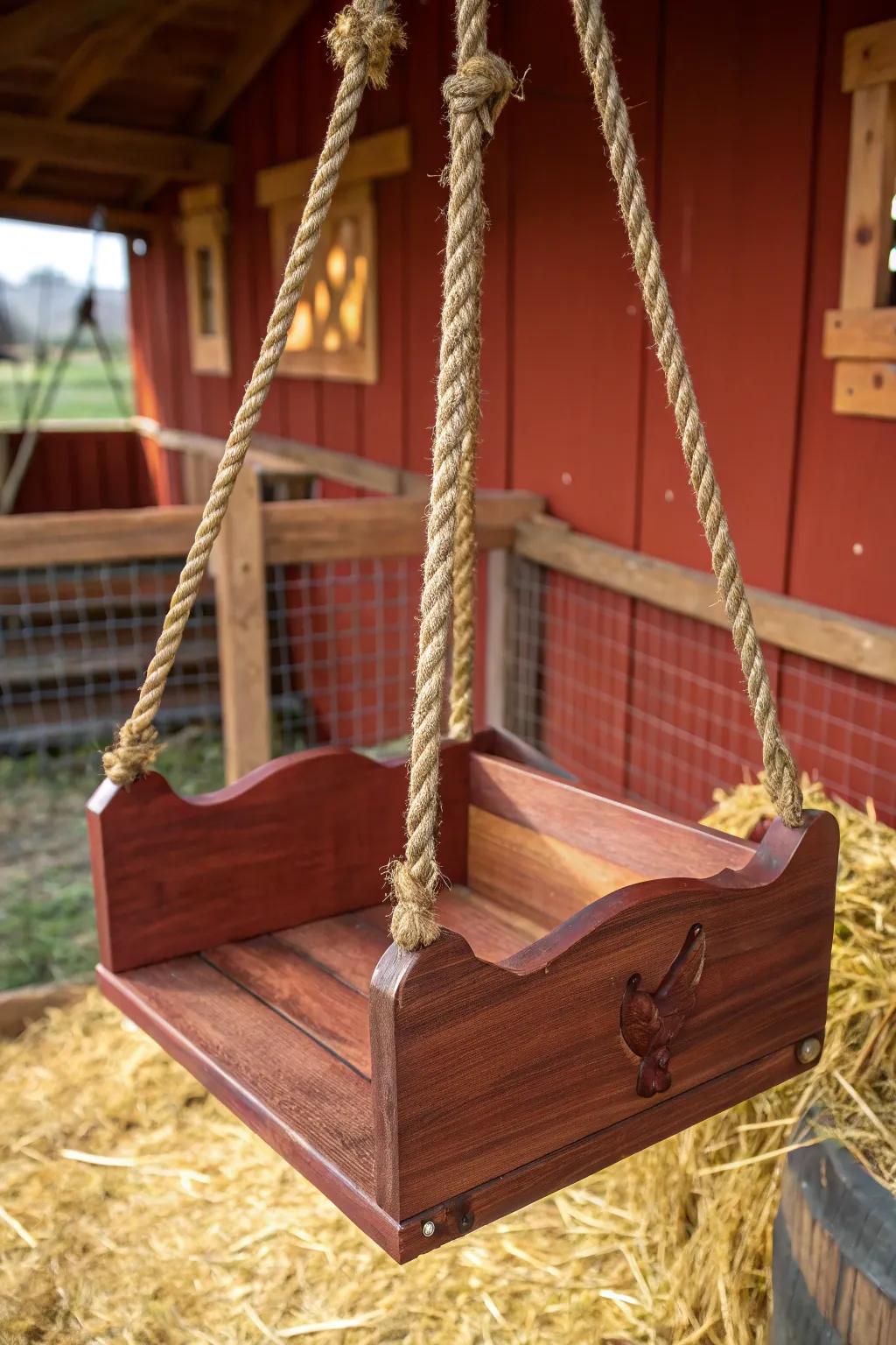 Elevate your coop with a handcrafted swinging roost—where fun meets fine craftsmanship.