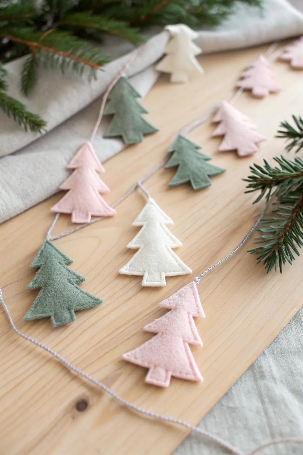 Add a whimsical touch to your holiday decor with this charming felt Christmas tree garland, perfect for a cozy, minimalist vibe.