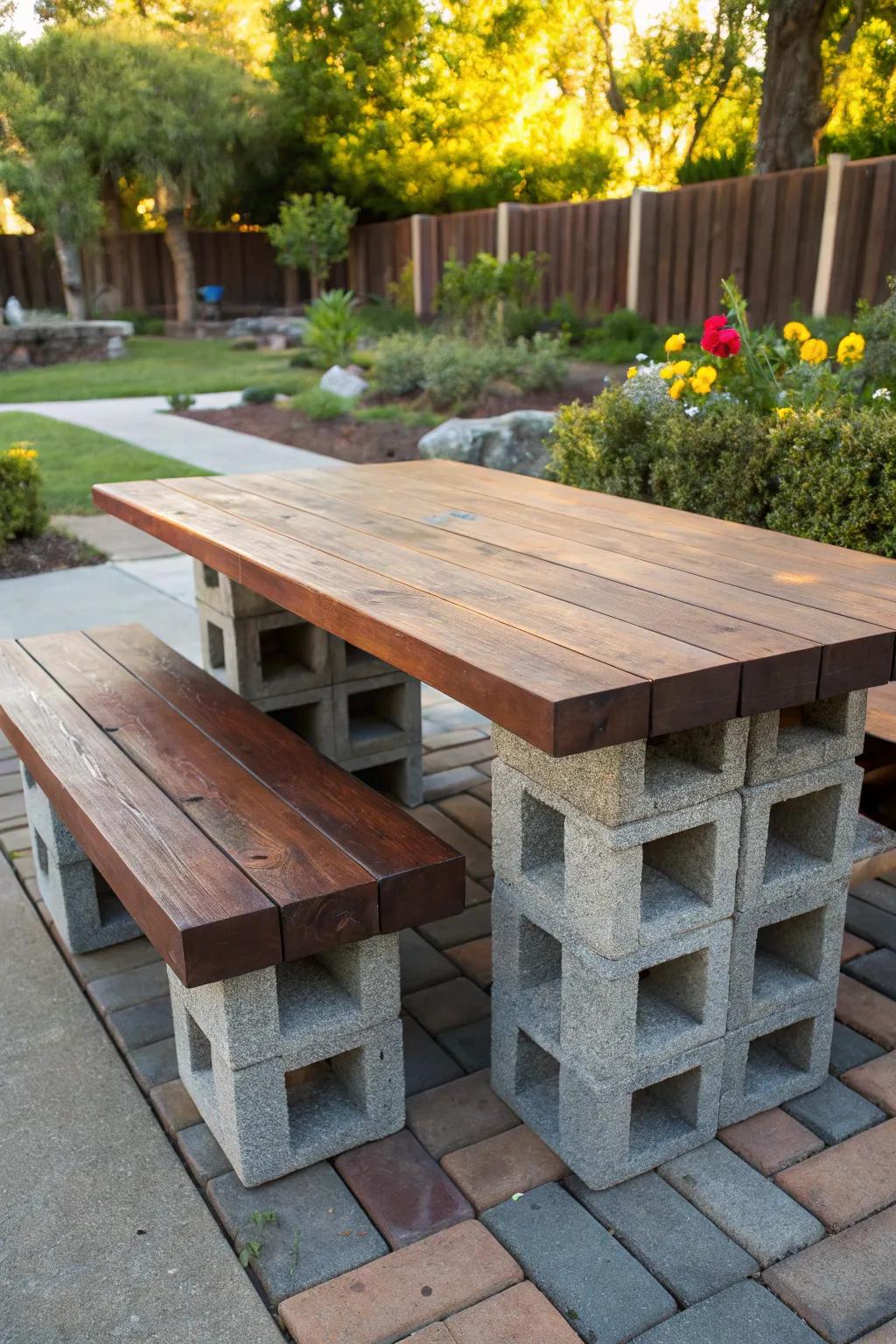Elevate your outdoor dining experience with this bold cinder block and wood table masterpiece—where rugged meets refined.