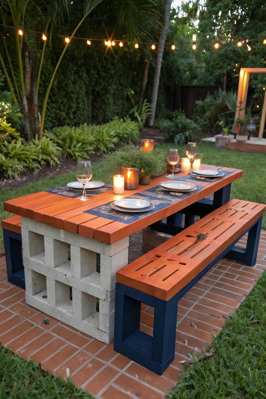 Transform your garden with a bold, handcrafted cinder block dining table for unforgettable alfresco evenings.
