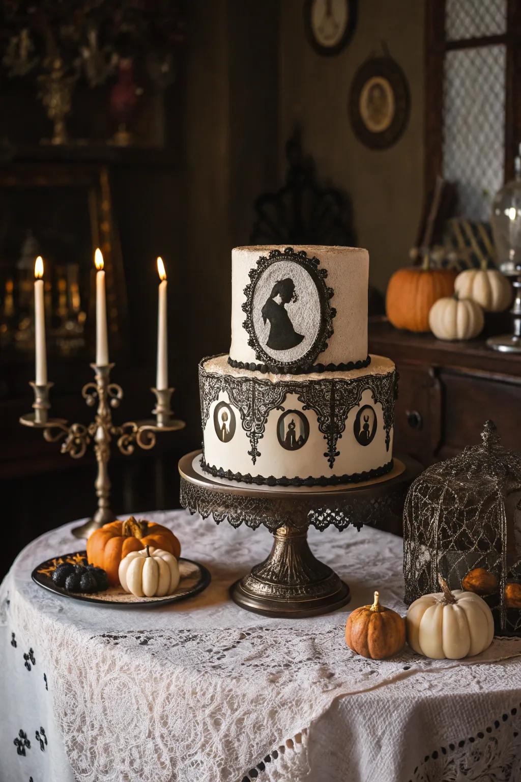 A cake with Victorian lace and cameos offers historical elegance.