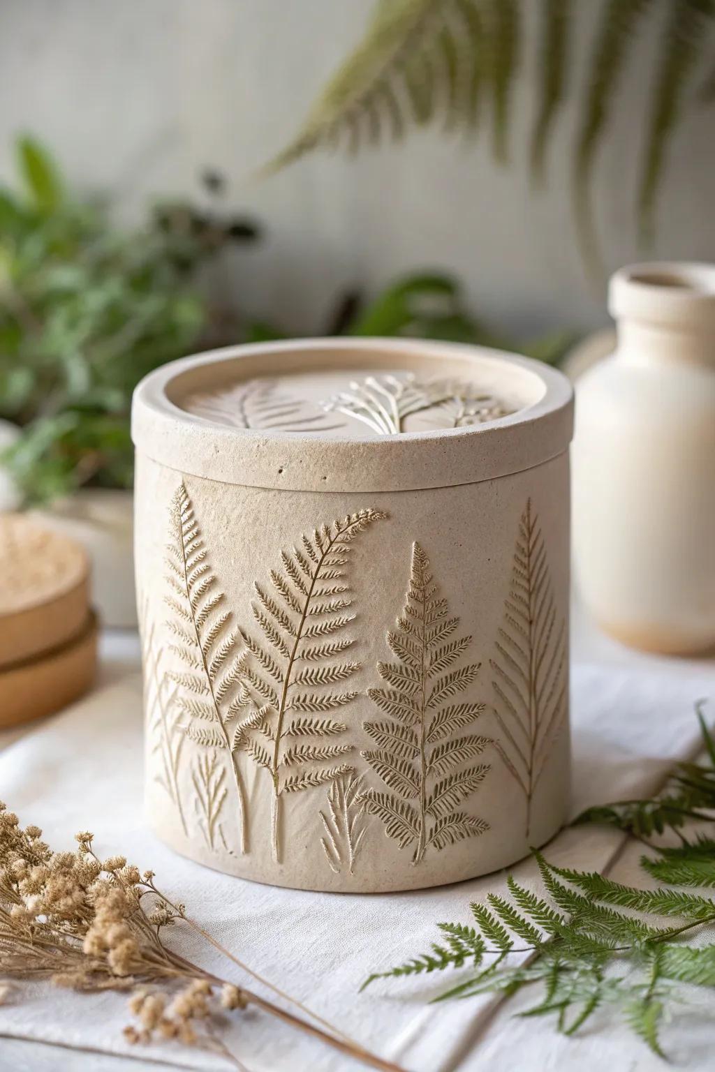 Embrace the beauty of nature with delicately crafted clay containers inspired by forest ferns.