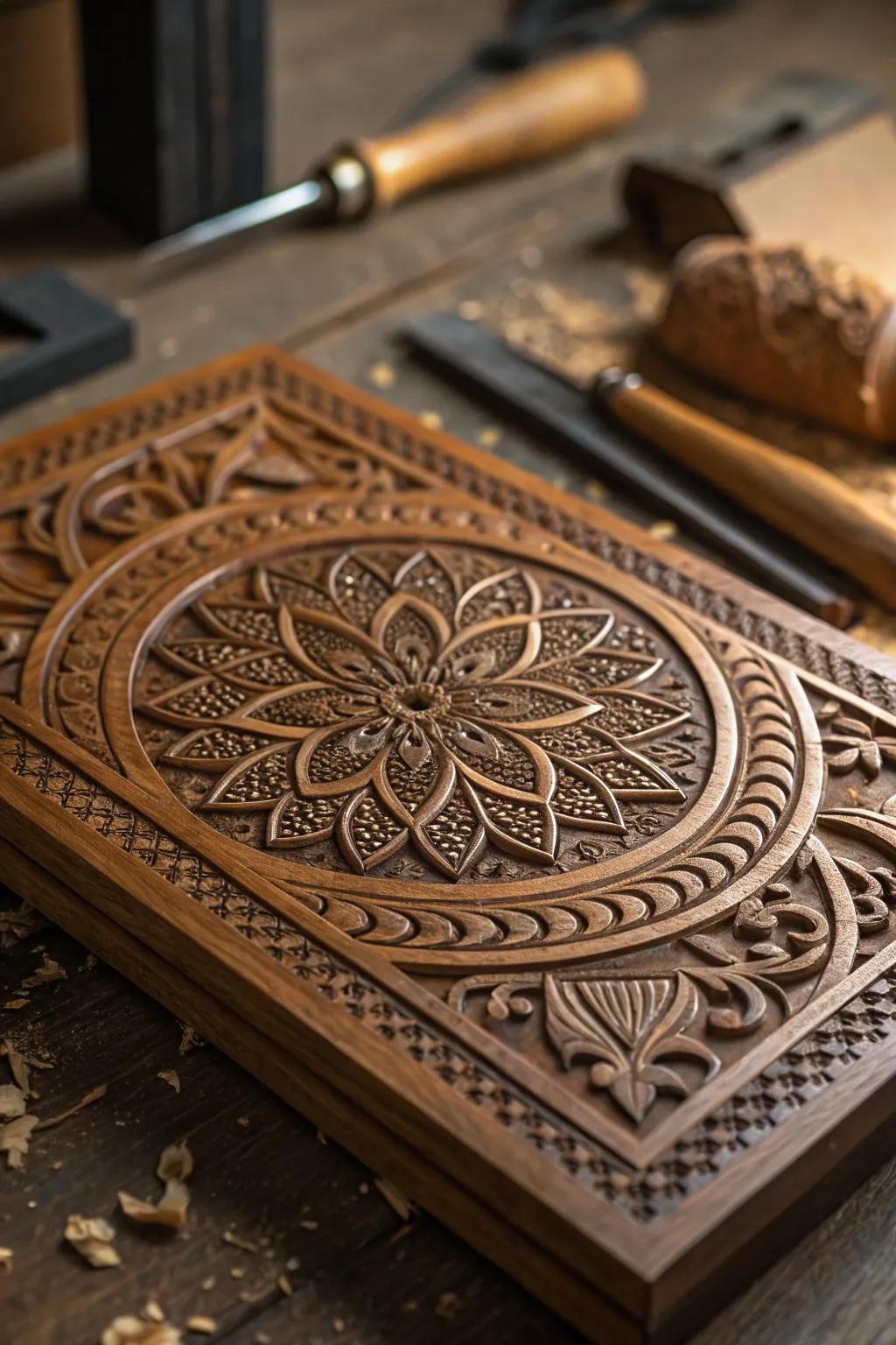 Intricate craftsmanship captured in detail: A stunning engraved wooden plaque that makes a lasting impression.