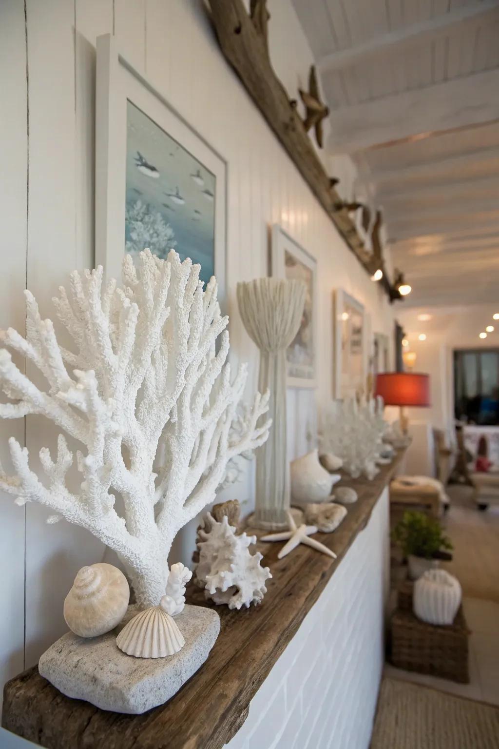 Coral sculptures add elegance and natural texture.