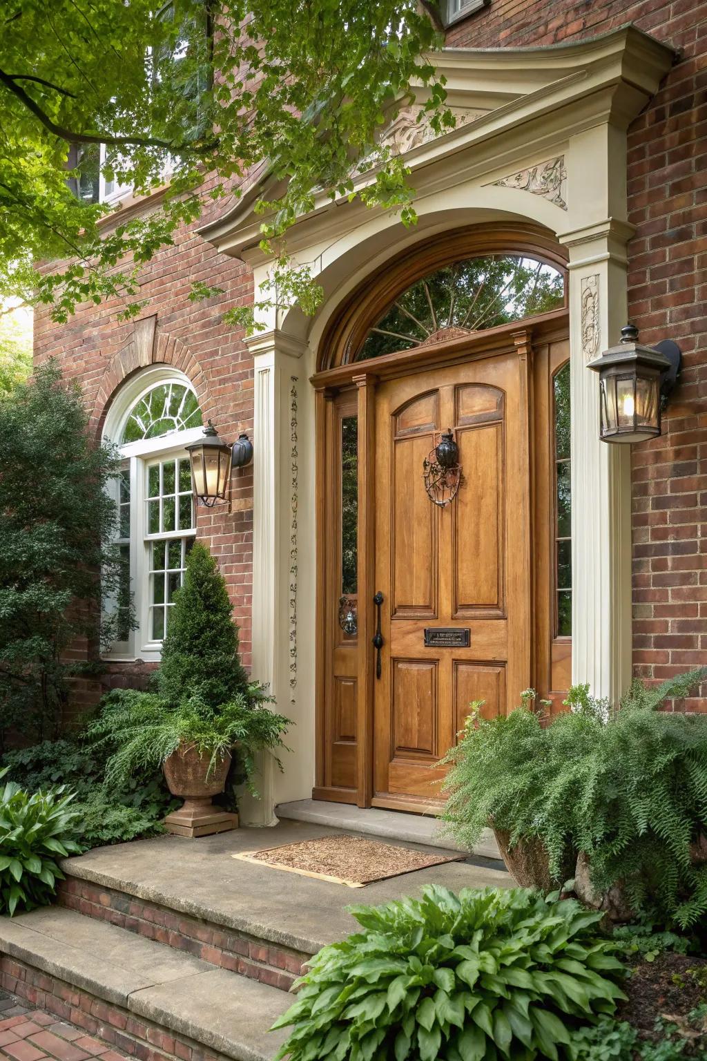 Natural wood finishes provide warmth and authenticity to colonial entrances.