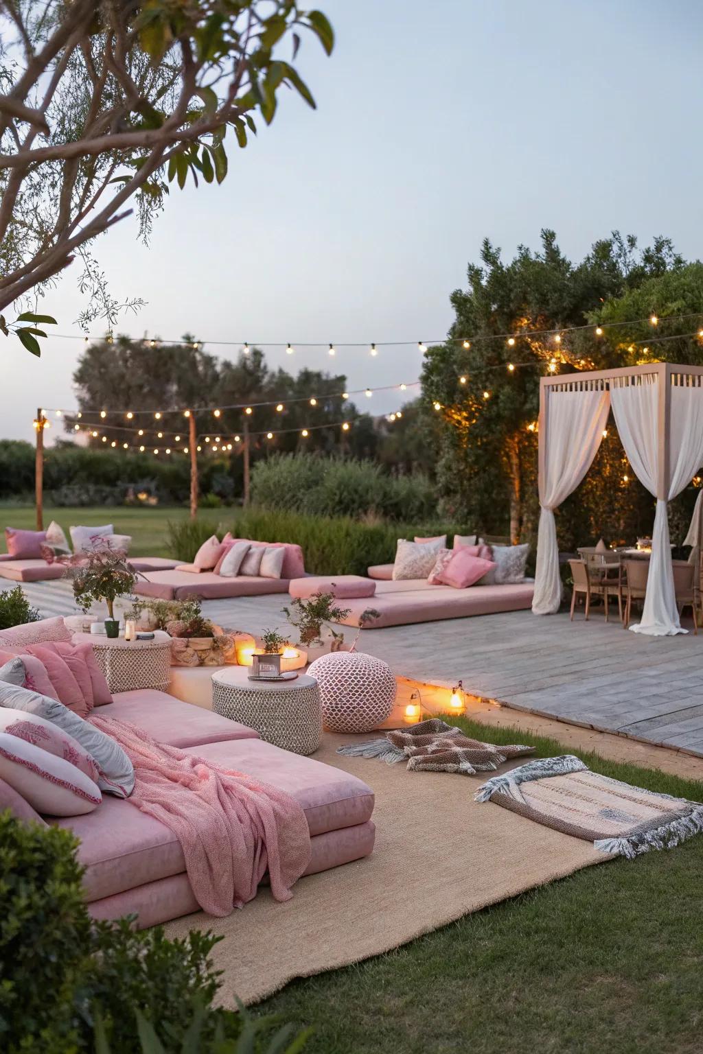 A cozy pink outdoor lounge perfect for relaxation.