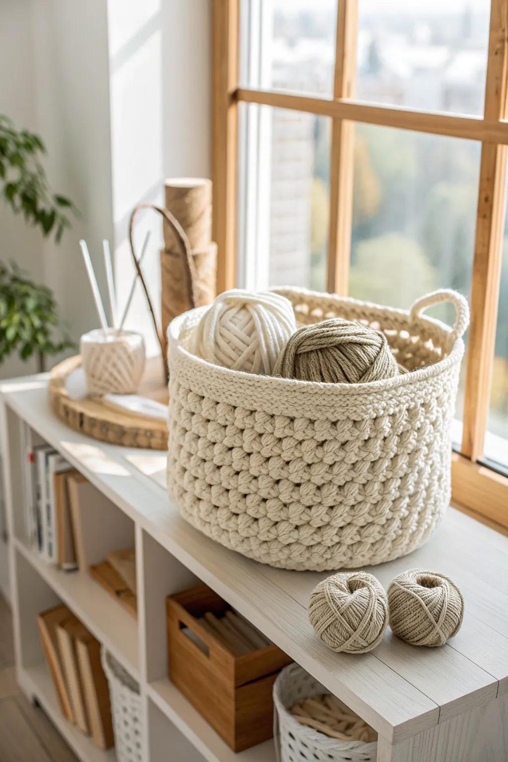 Organize with elegance: A beautifully knit storage basket perfect for your creative space.