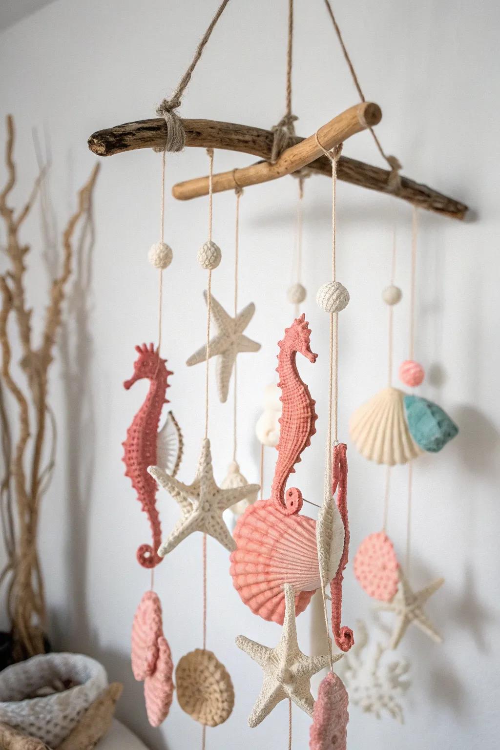 Bring the tranquility of the ocean into your home with this elegant marine life mobile, where simplicity meets natural beauty.