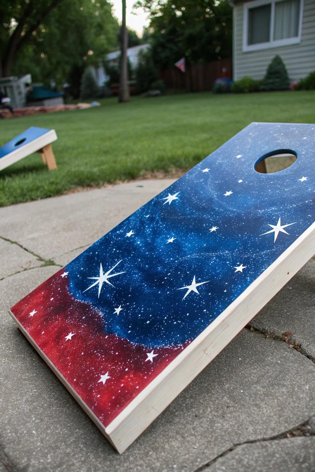 Bring the cosmos to your game night with this stunning starry sky cornhole board.