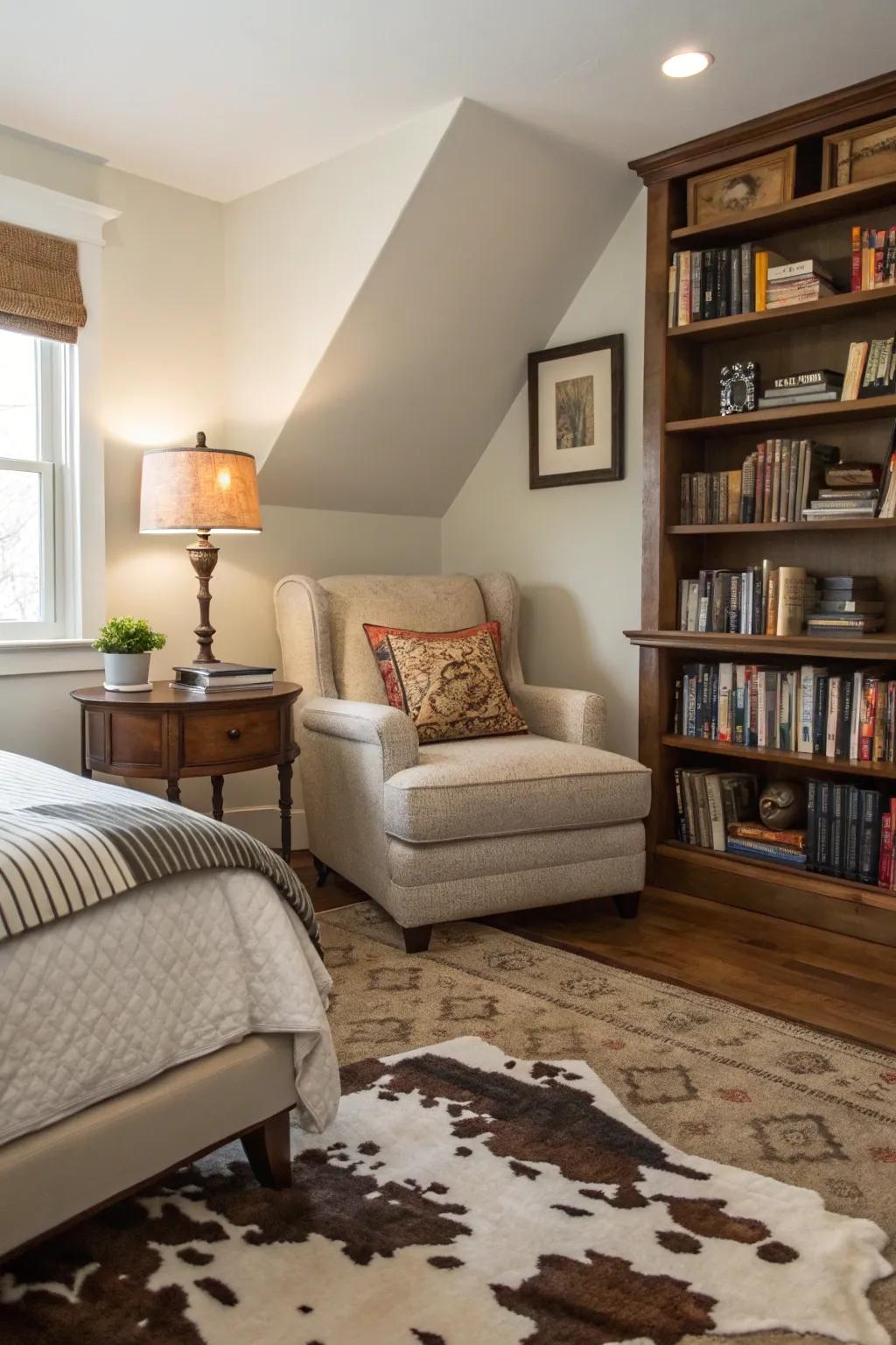 Bedroom with a reading nook defined by a cowhide rug.