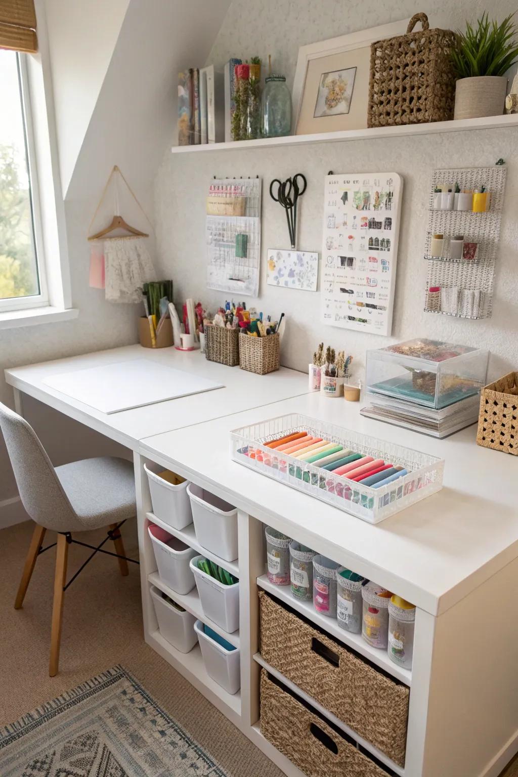 A floating desk maximizes space and style.