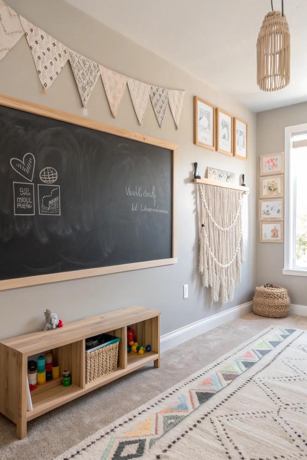 Unleash endless creativity with a chic and versatile playroom chalkboard wall.