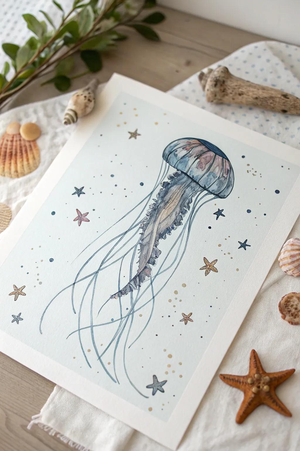 Discover the serene beauty of a jellyfish gracefully drifting through a starlit sea.