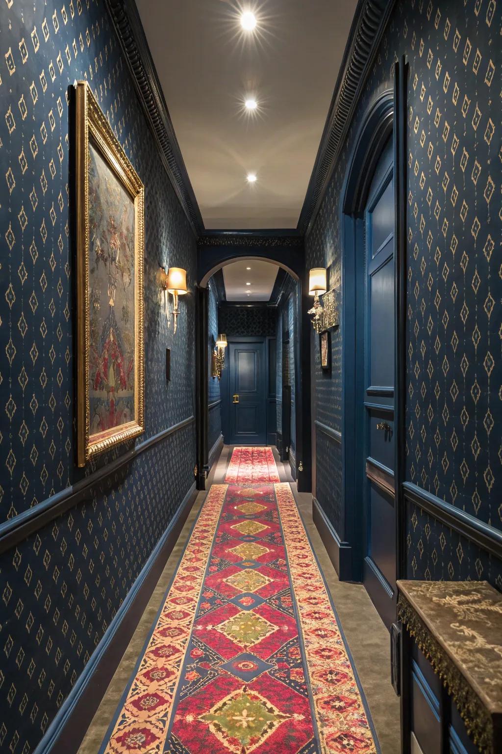 Bold patterns add a playful touch to a dark blue setting.