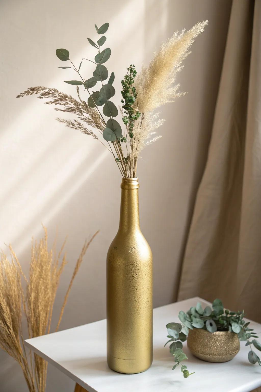 Transform empty wine bottles into chic centerpieces with a touch of metallic glamour.