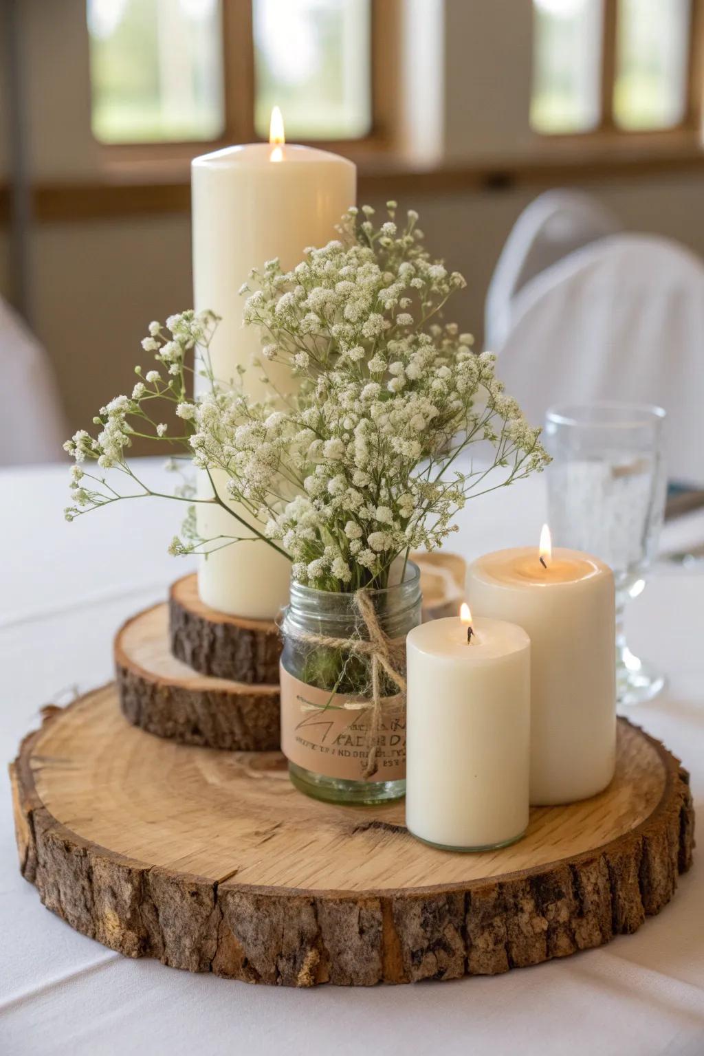 Embrace nature's elegance with this rustic wooden centerpiece, a perfect blend of simplicity and charm for your special celebration.