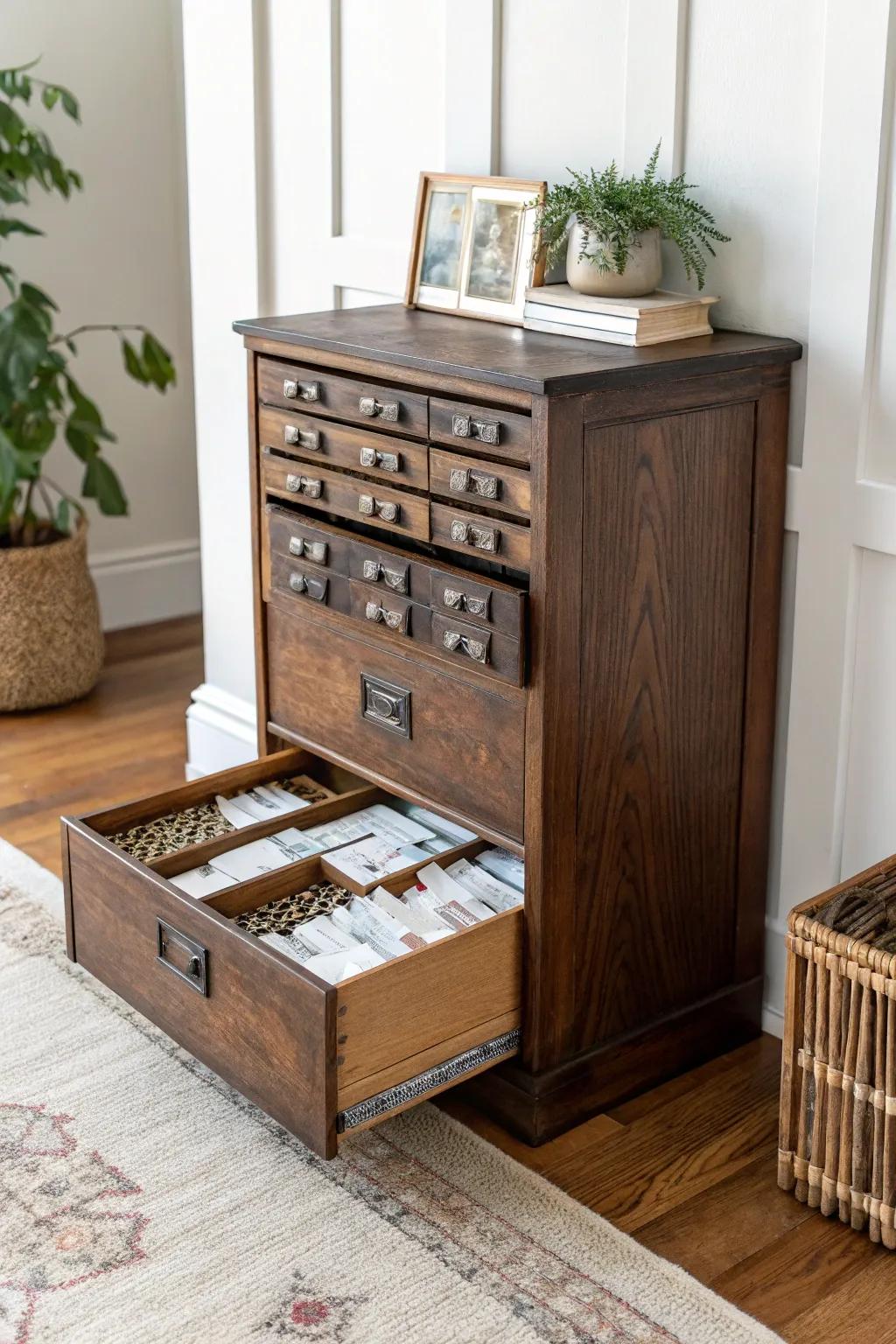 Transform your art studio with the timeless elegance of a vintage card catalog, perfect for organizing your creative essentials with style.