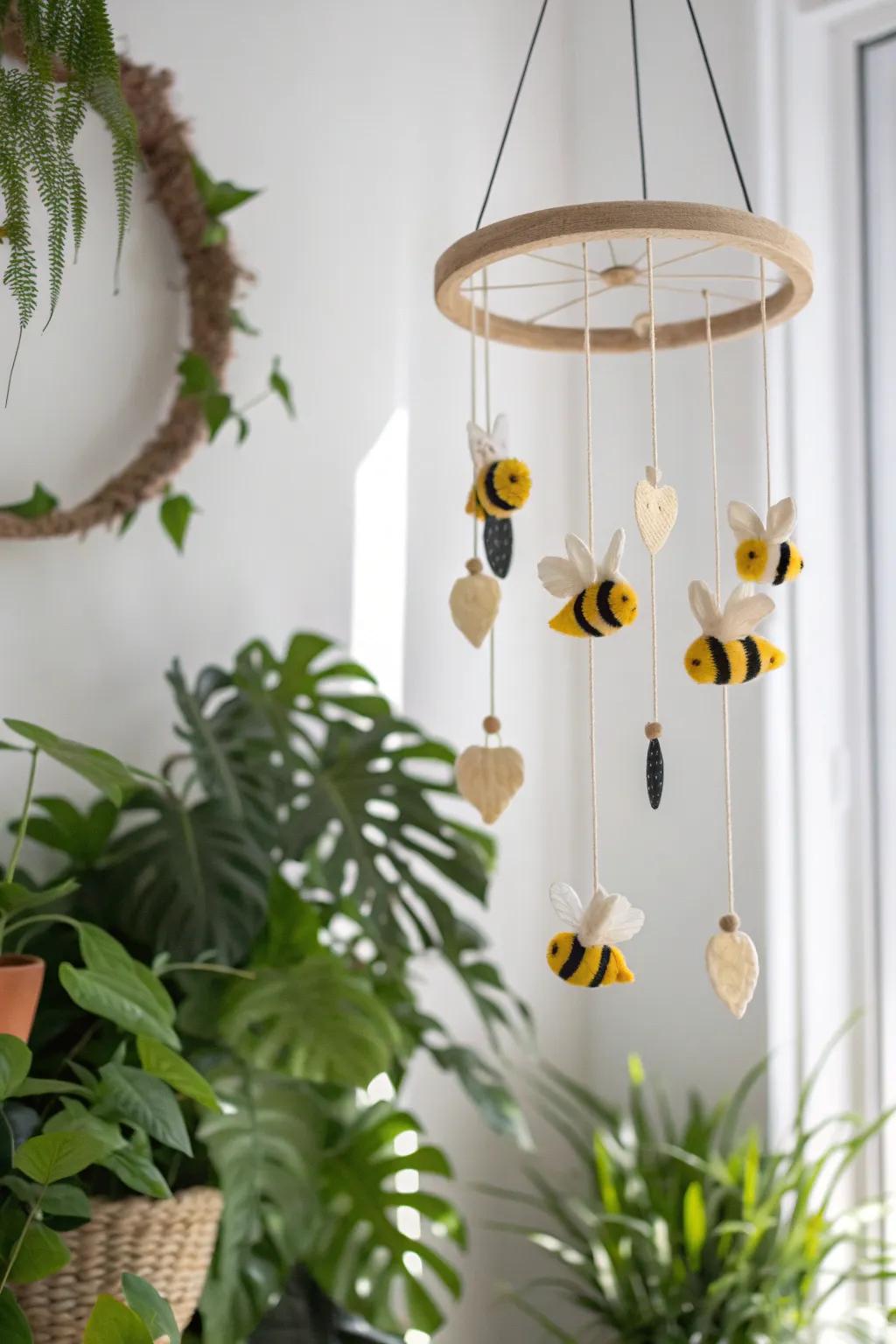 Bring a touch of whimsy to your space with this charming bumblebee mobile, perfect for adding a playful yet elegant vibe.