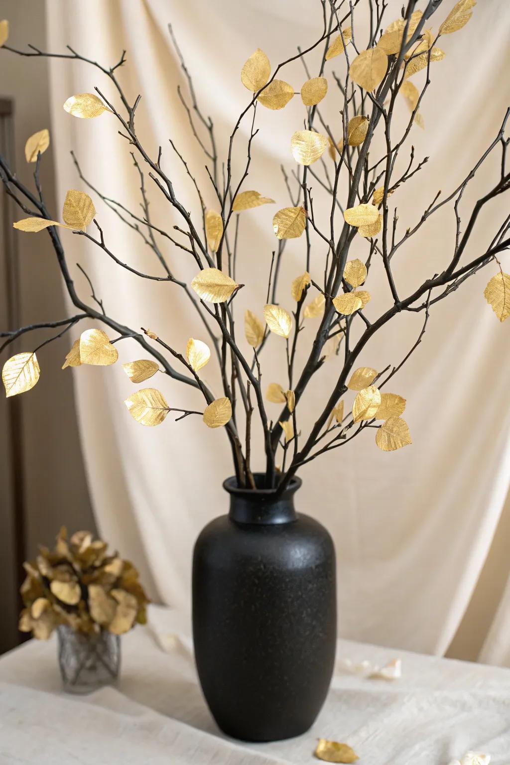 Embrace Nature’s Contrast: A chic blend of black and gold for your modern table decor.
