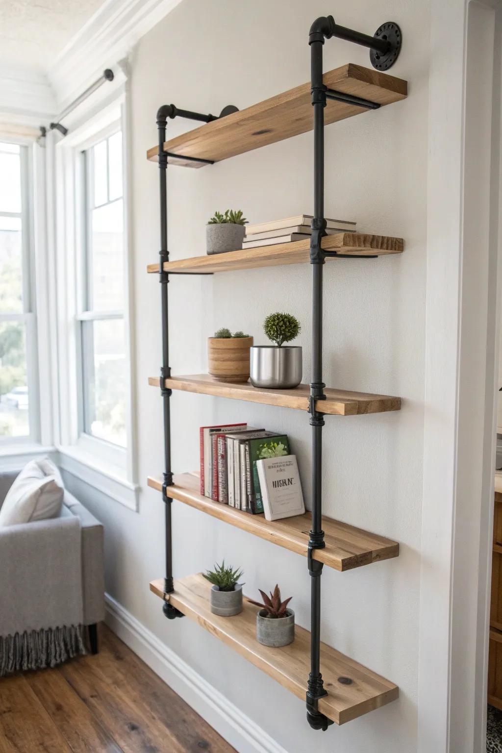 Transform your small space with this chic industrial pipe bookshelf—an elegant blend of style and functionality.