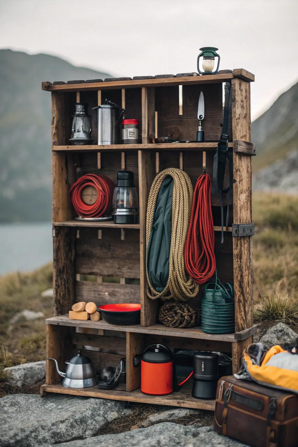 Elevate your camping gear storage with these bespoke DIY pallet shelves, where rustic charm meets practical design.