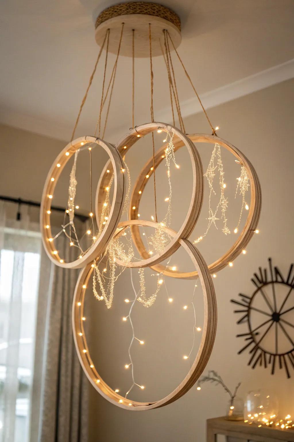 Illuminate your space with the serene beauty of an embroidery hoop chandelier. Simple elegance meets handcrafted charm.