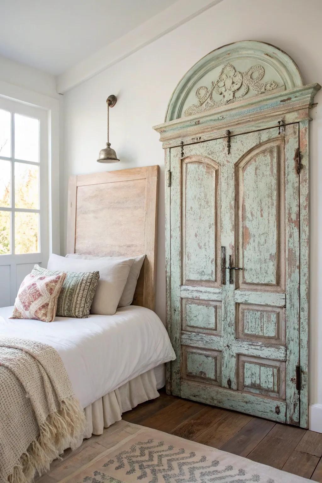 Transform your bedroom with a vintage door headboard: a blend of elegance and charm.