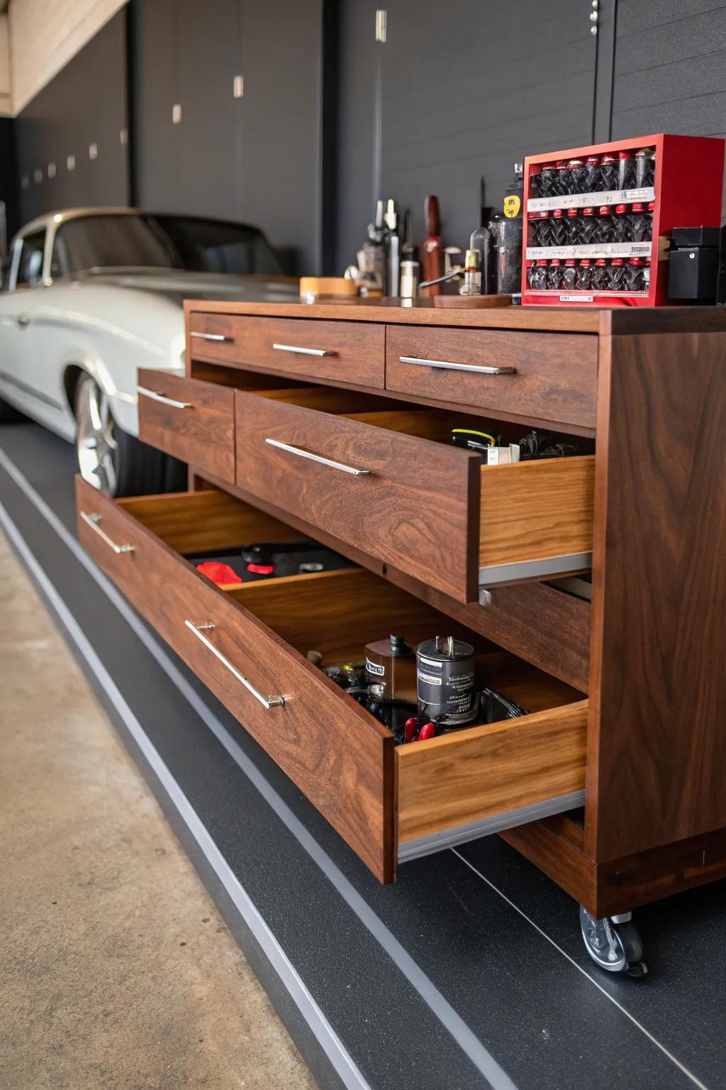 Maximize your garage space with these expertly crafted sliding shelves. Perfect for a touch of kitchen magic in your workspace.