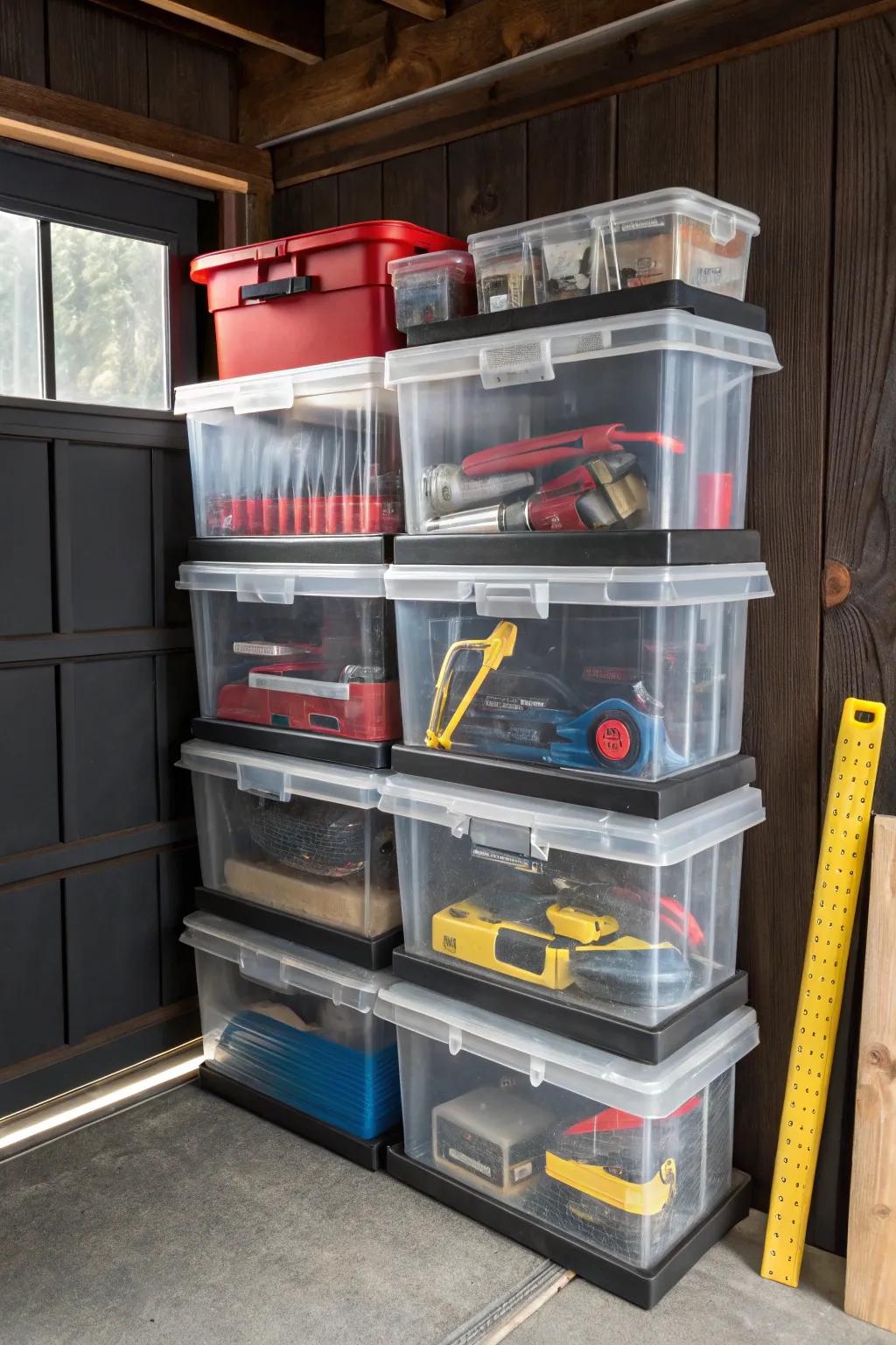 Maximize your garage space with organized, clear storage bins for easy access to all your tools and materials.