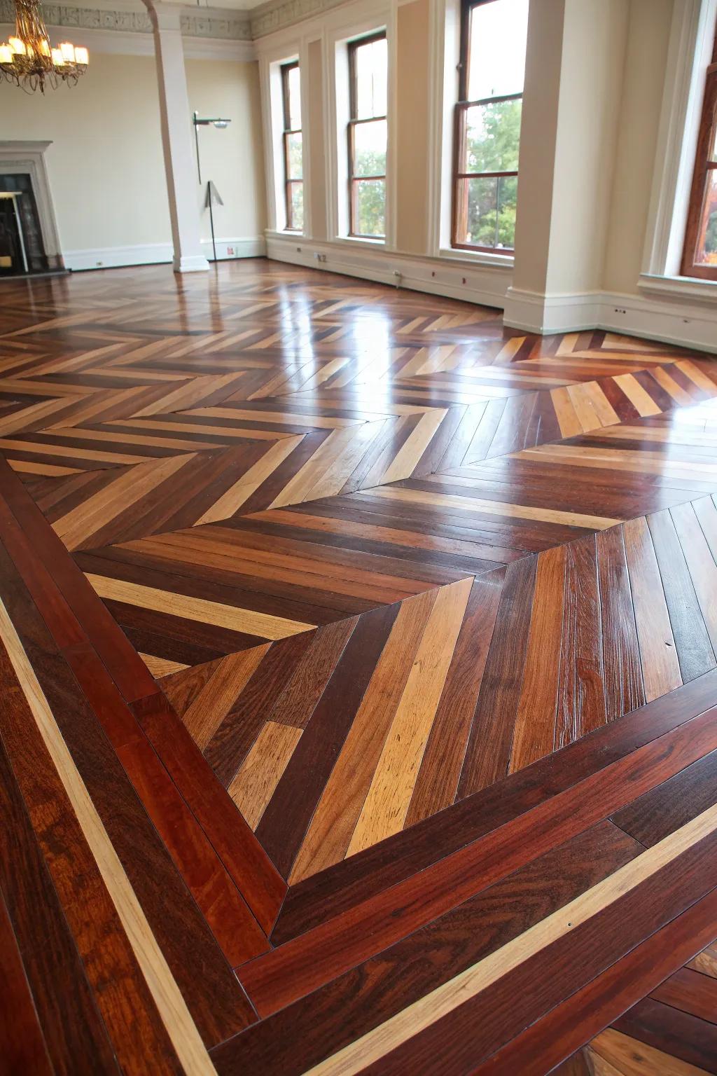 Elevate your space with the bold elegance of diagonal hardwood flooring.