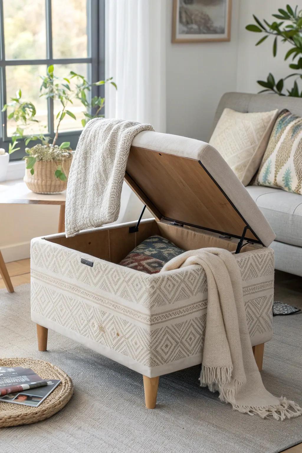 Discover the elegance of hidden functionality with a stylish ottoman that doubles as a discreet litter box.