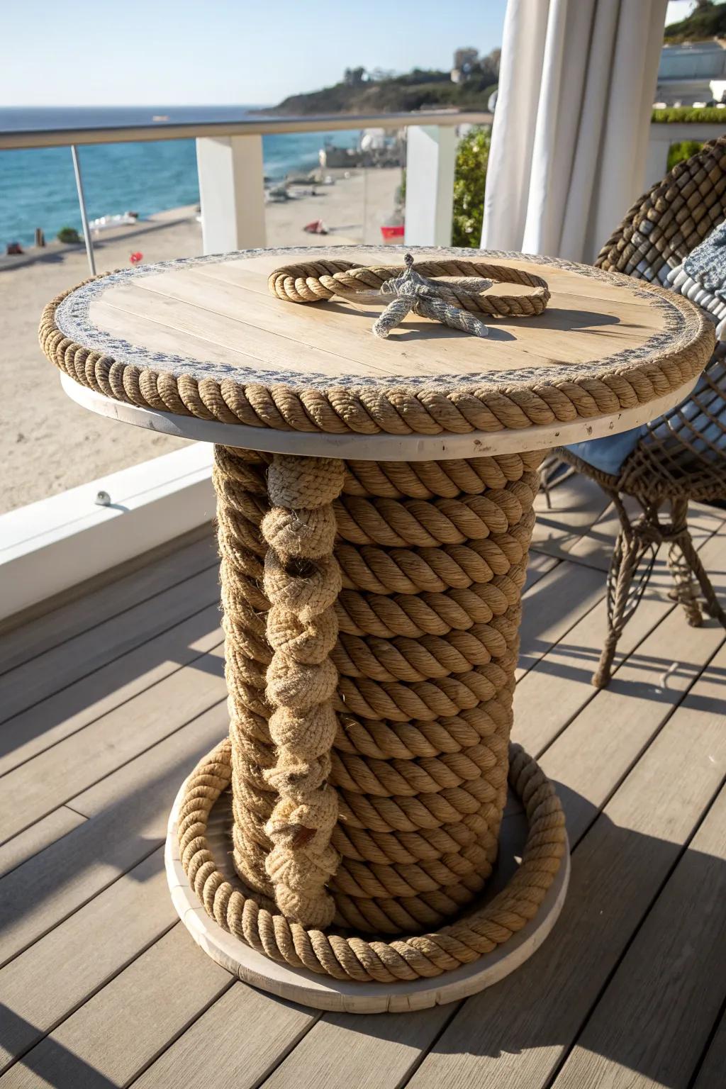 Transform your outdoor space with a rope-wrapped table for a nautical touch.