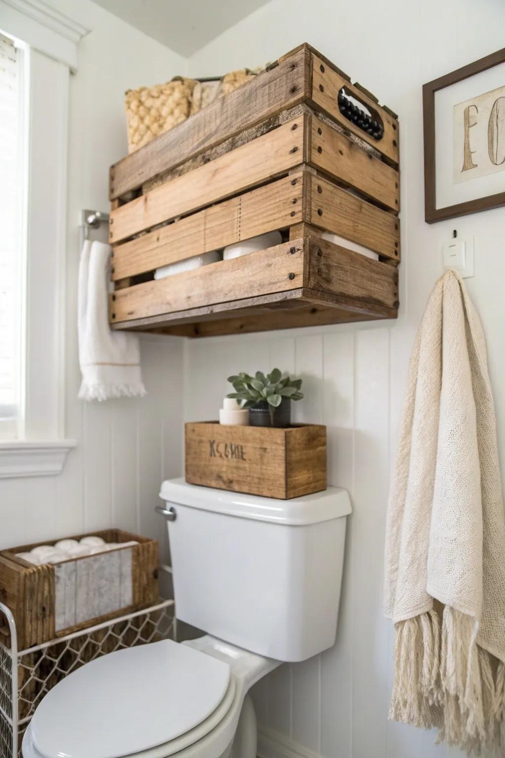 Transform your space with a touch of rustic charm using a vintage crate for stylish bathroom storage.