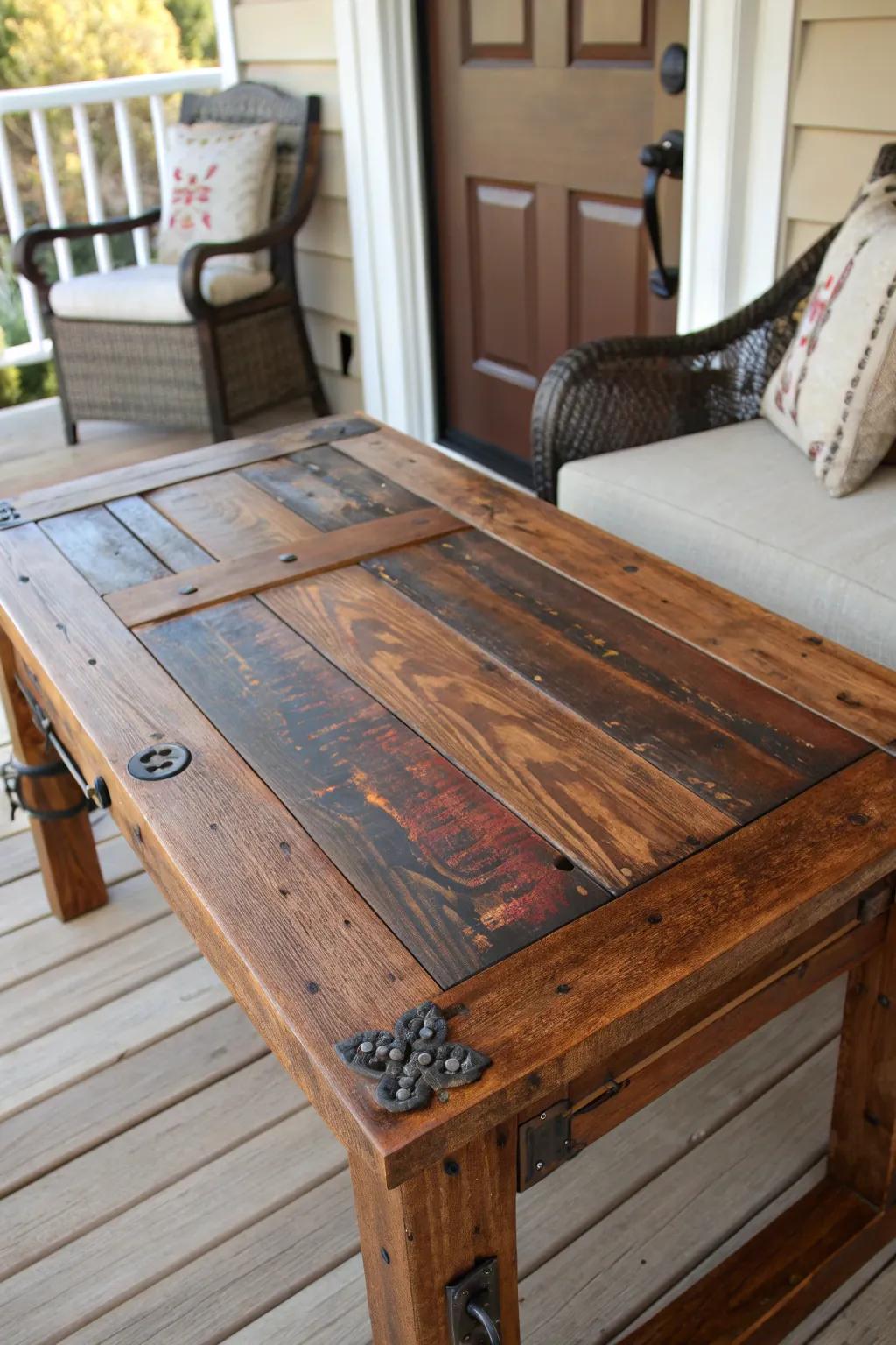 Transform your porch with this bold upcycled door table, where history meets craftsmanship.