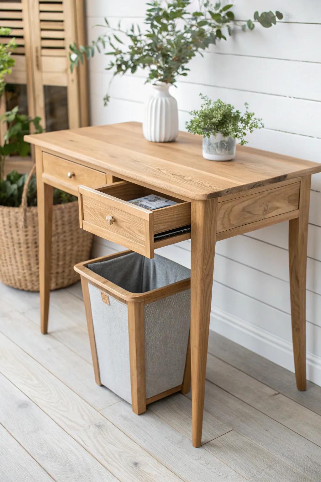 Transform your space with a touch of rustic elegance and practicality – meet the tilt-out table recycling bin!