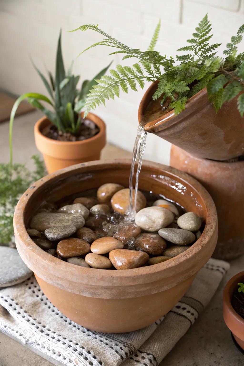 Transform your space with a charming recycled pot fountain – a perfect blend of simplicity and natural beauty.