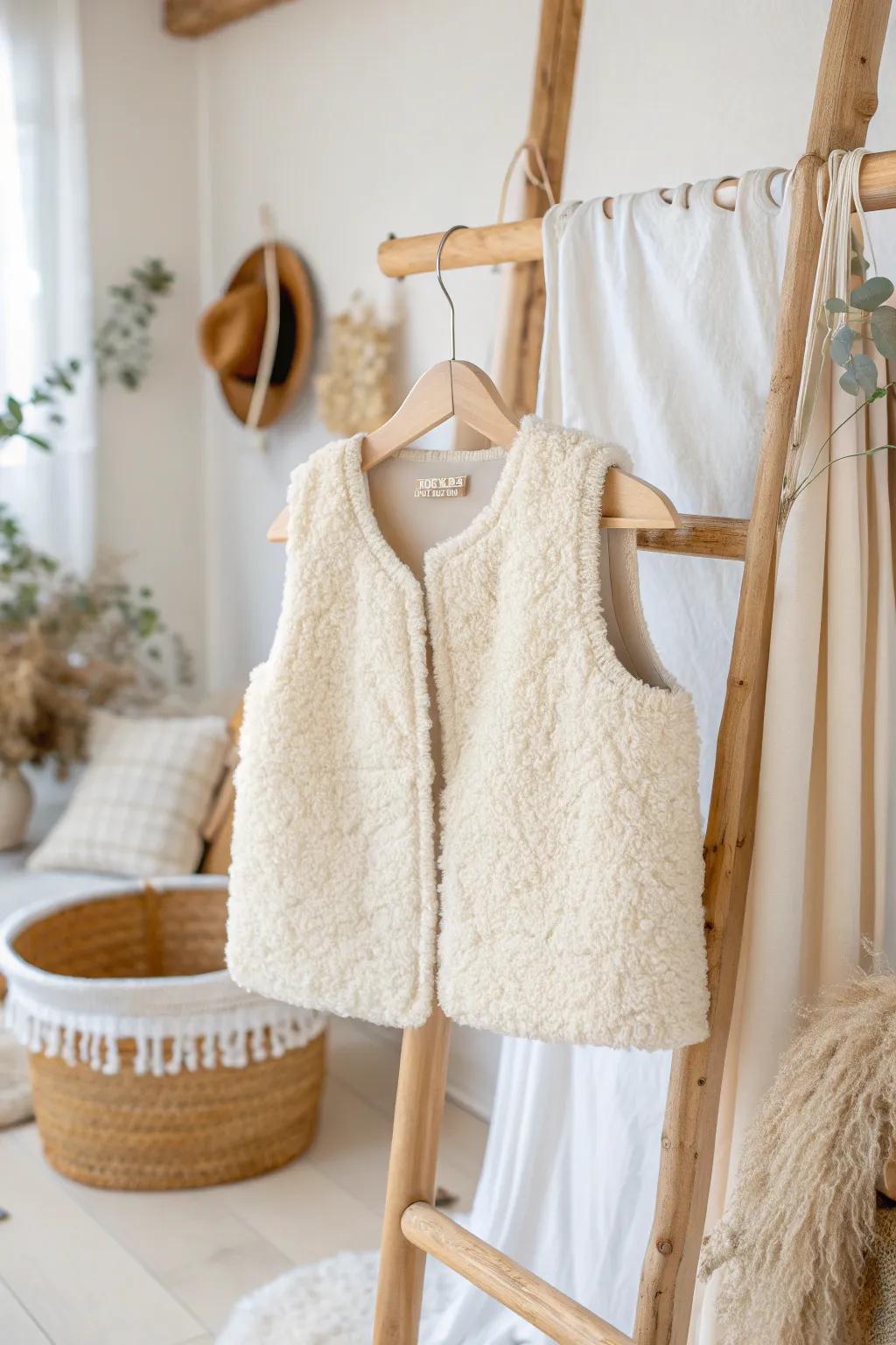 Transform fabric scraps into a delightful sheep costume vest, embracing sustainable creativity with minimalist elegance.