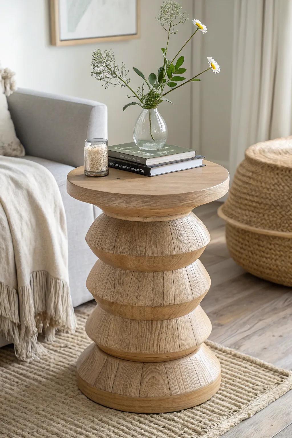Elevate your space with the charm of a stacked wood side table—where Scandinavian simplicity meets boho warmth.